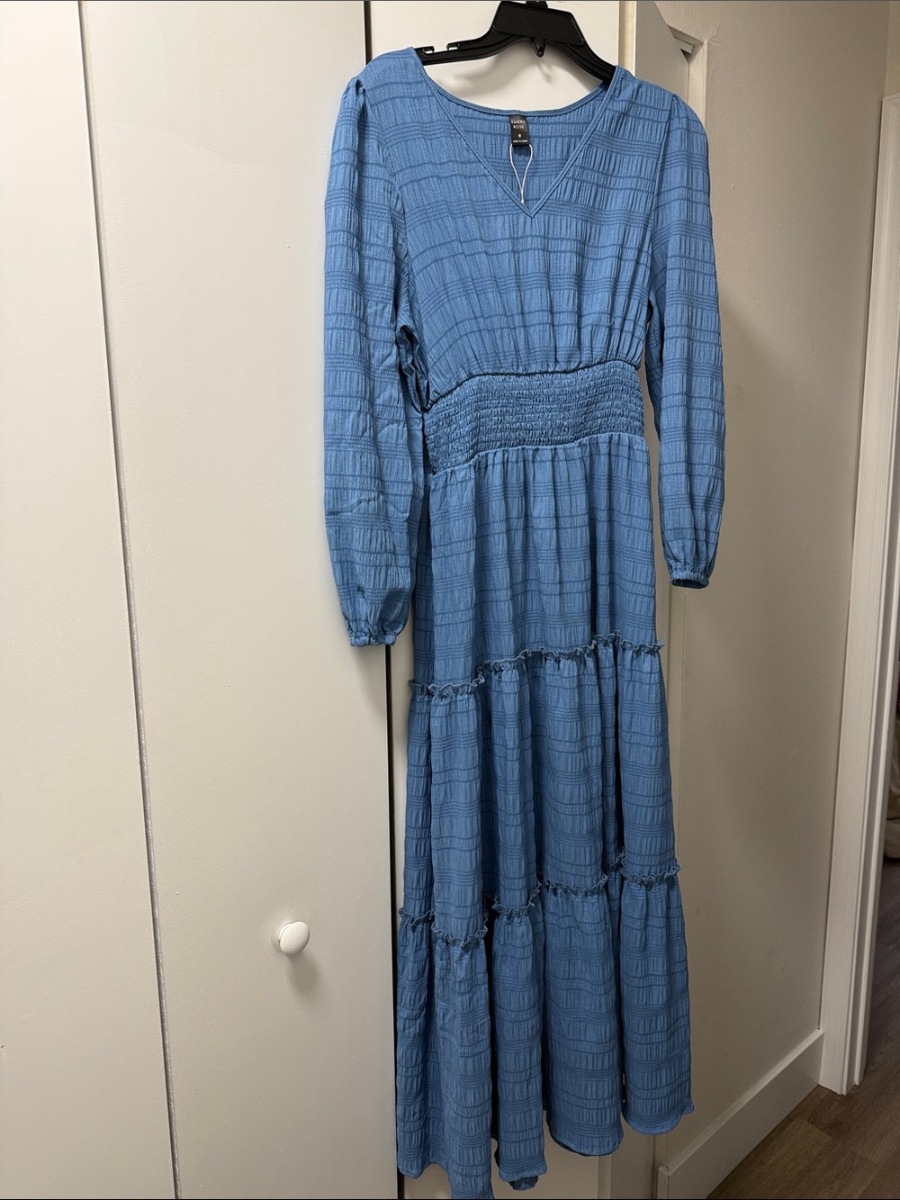 Light Blue Long Sleeve Tiered Maxi Dress with Smocked Waist